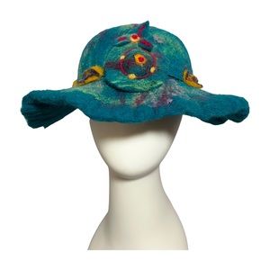 Artistic Teal Felt Hat with Colorful Accents